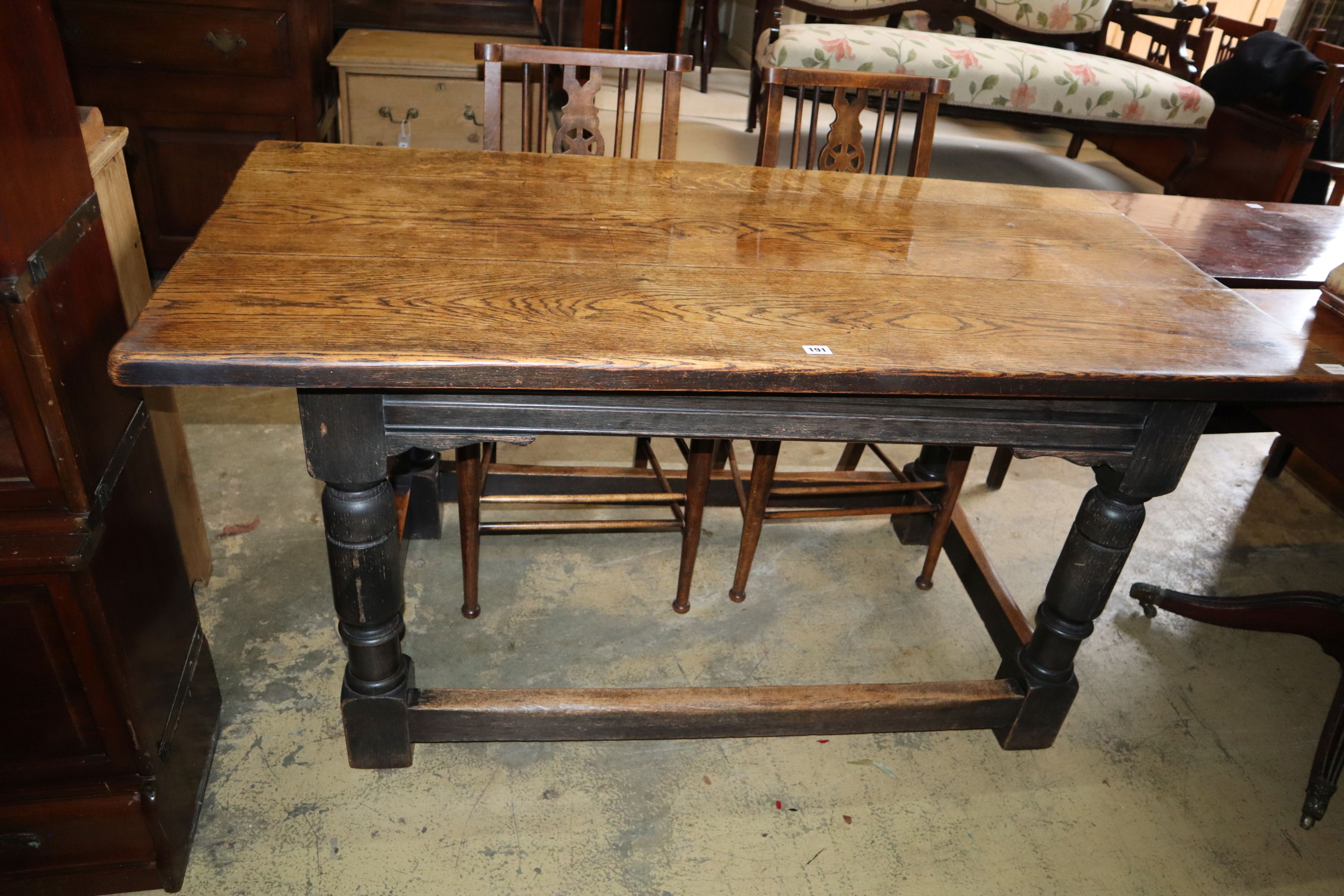 A small 18th century style oak refectory dining table, width 152cm, depth 75cm, height 76cm